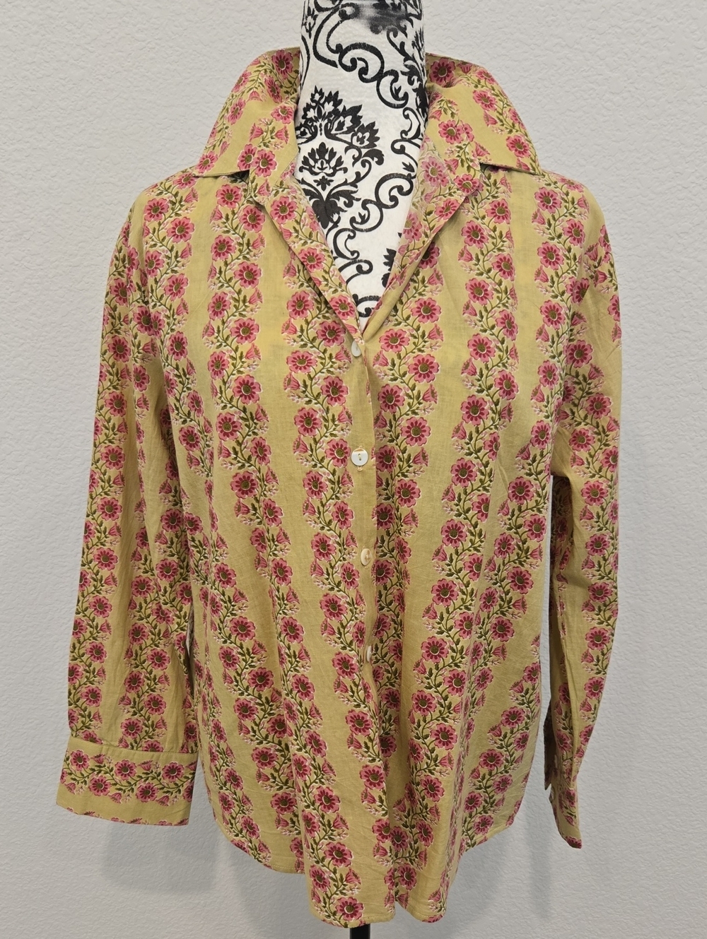 Women’s Floral Button-Down Shirt in Sage with Pink Print
